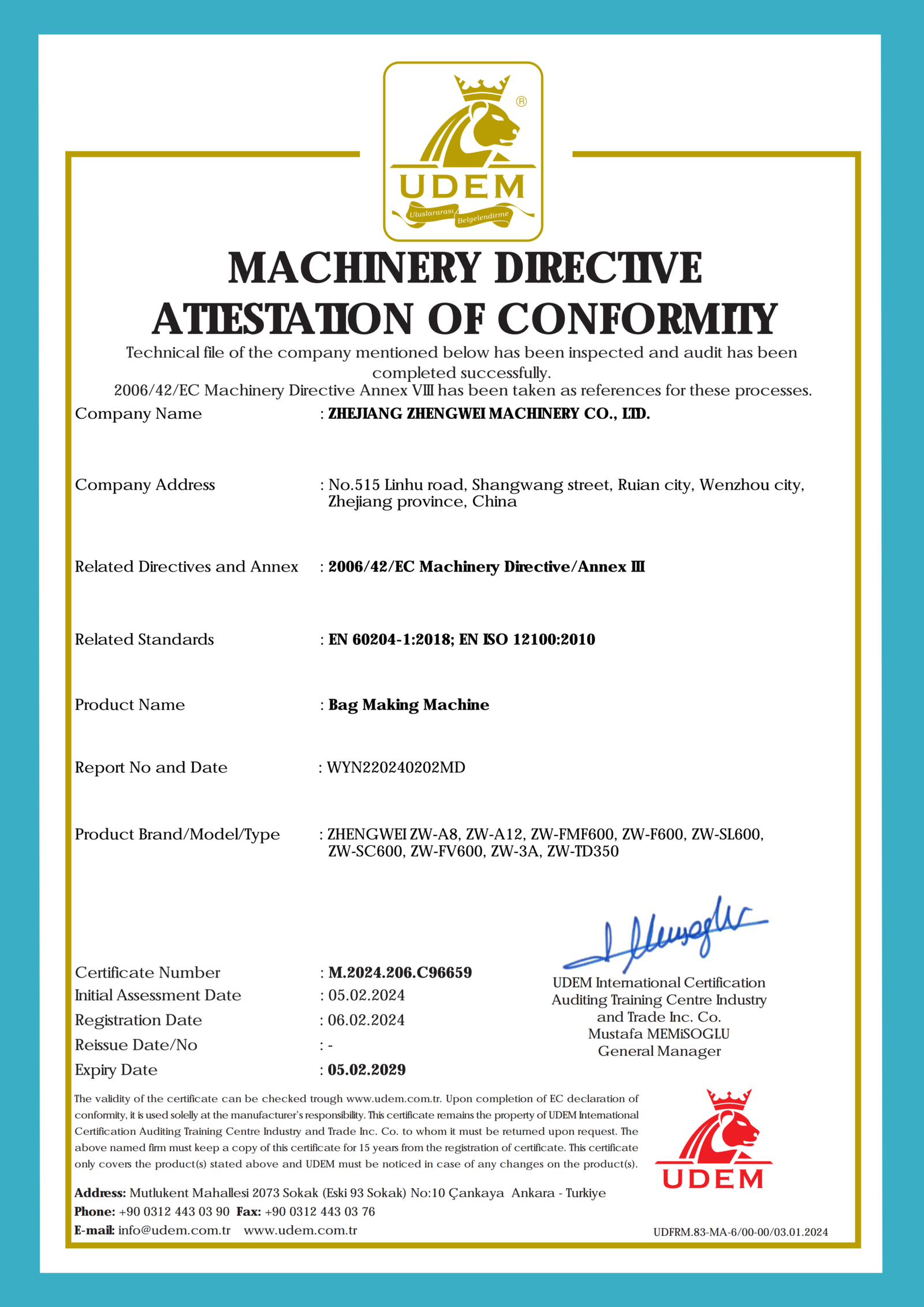 CE Certificate — Machinery Directive 2006/42/EC