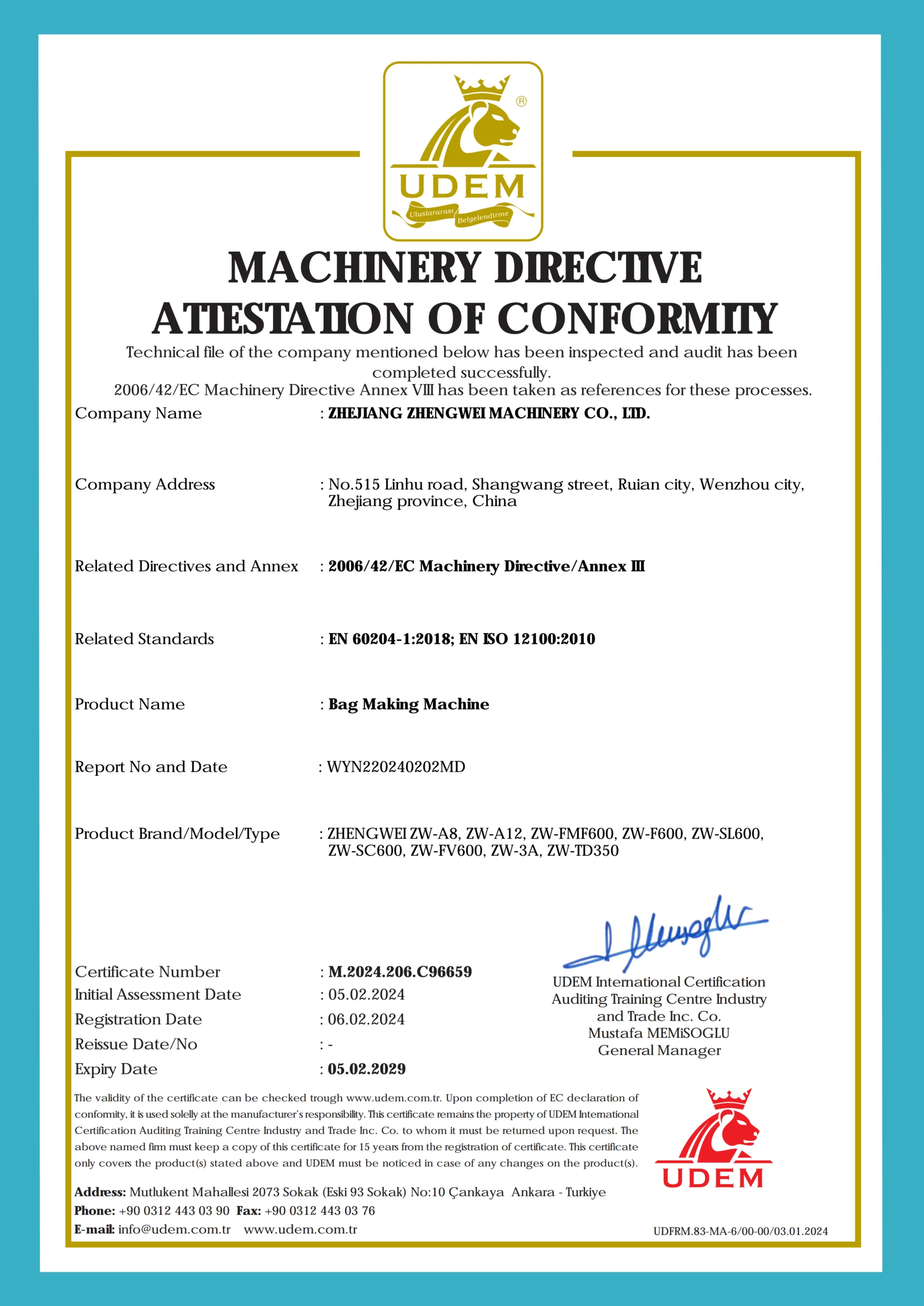CE Certificate — Machinery Directive 2006/42/EC