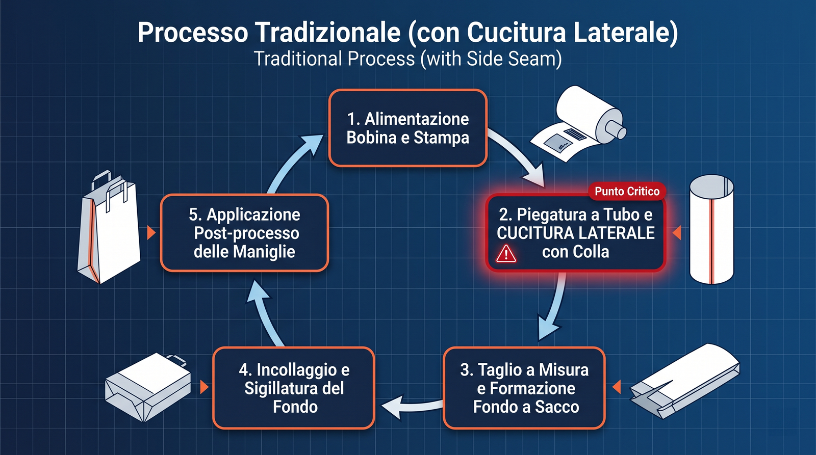 Diagramma del processo tradizionale di produzione di borse di carta con cucitura laterale — 5 fasi in ciclo: alimentazione bobina, cucitura laterale con colla (punto critico), taglio, incollaggio fondo, applicazione maniglie