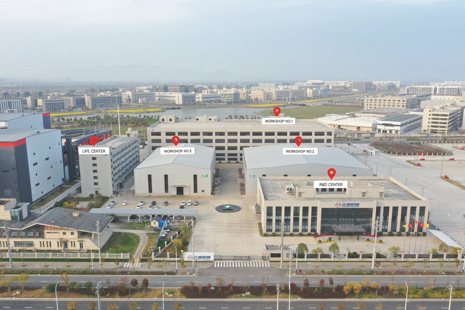 ZHENGWEI Machinery headquarters — aerial view of the industrial campus with 3 production halls, R&D center and service building