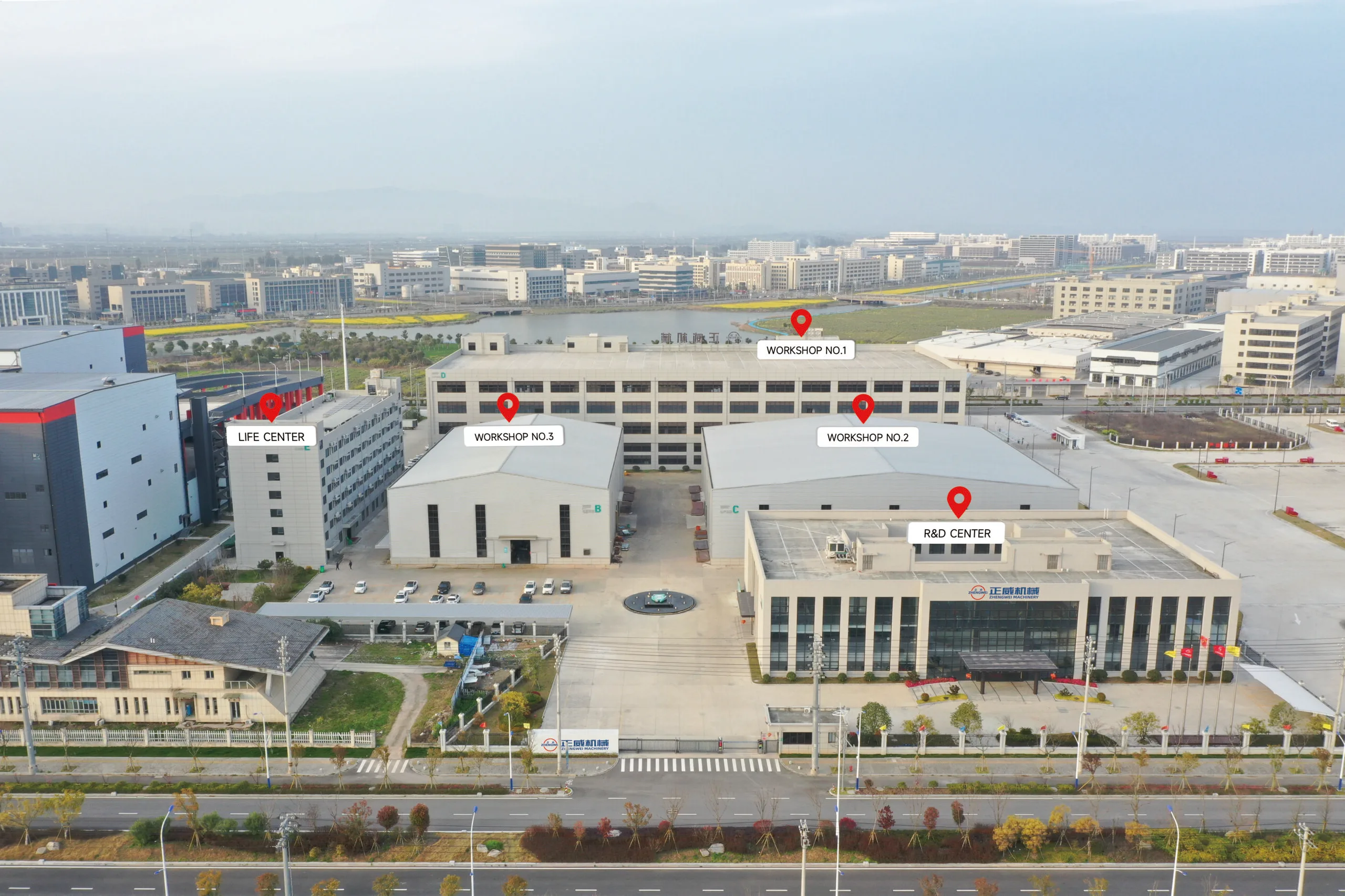 ZHENGWEI Machinery headquarters — aerial view of the industrial campus with 3 production halls, R&D center and service building