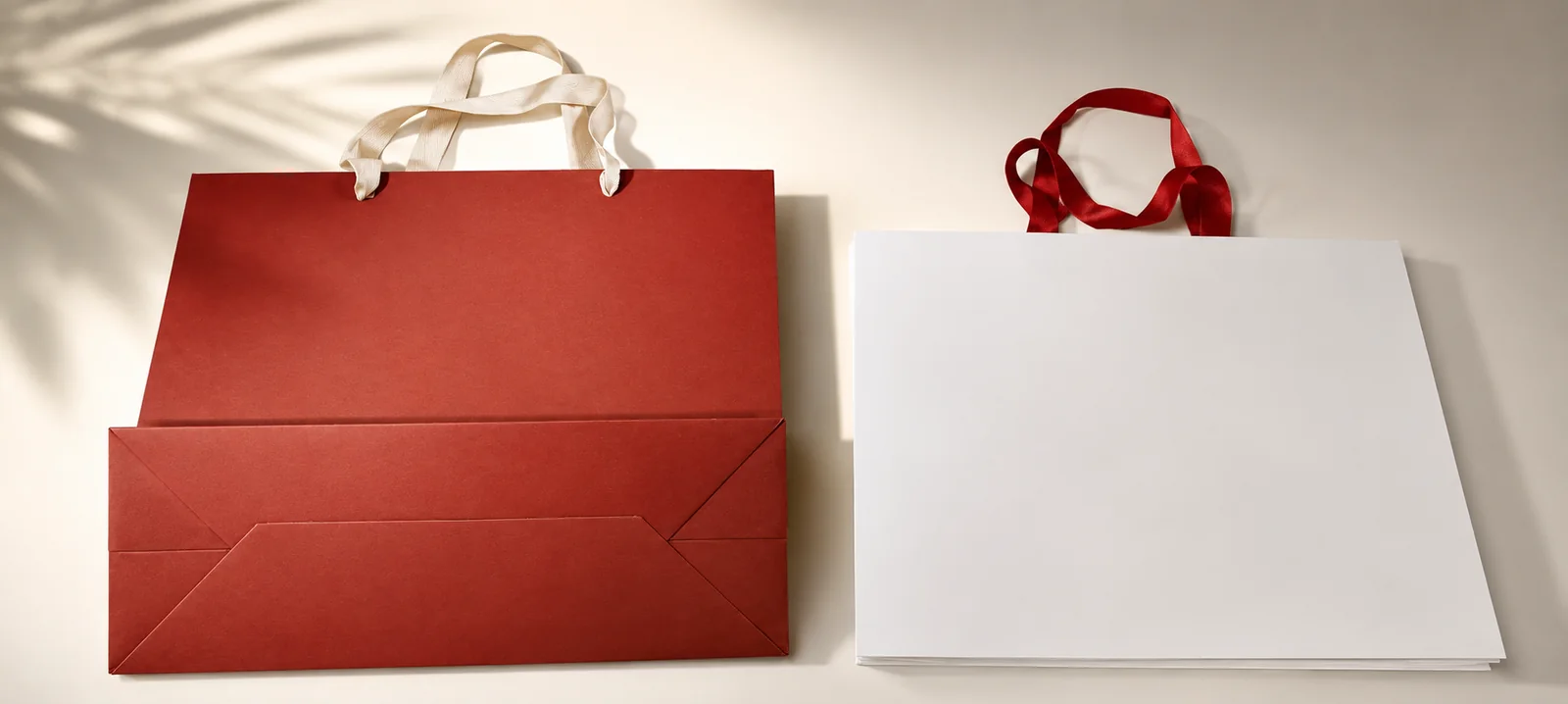 Comparison of two luxury paper bags: a conventional bag with a horizontal waist seam running across the panel, next to a ZHENGWEI one-piece bag with a clean uninterrupted panel