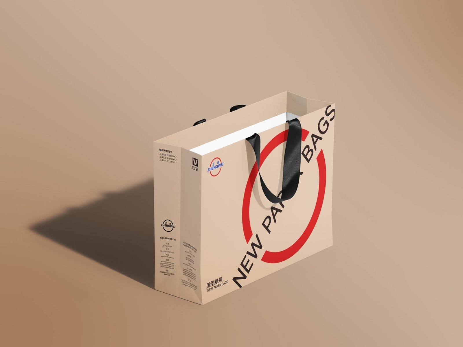 Paper bag sample with printed graphics photographed against a beige backdrop