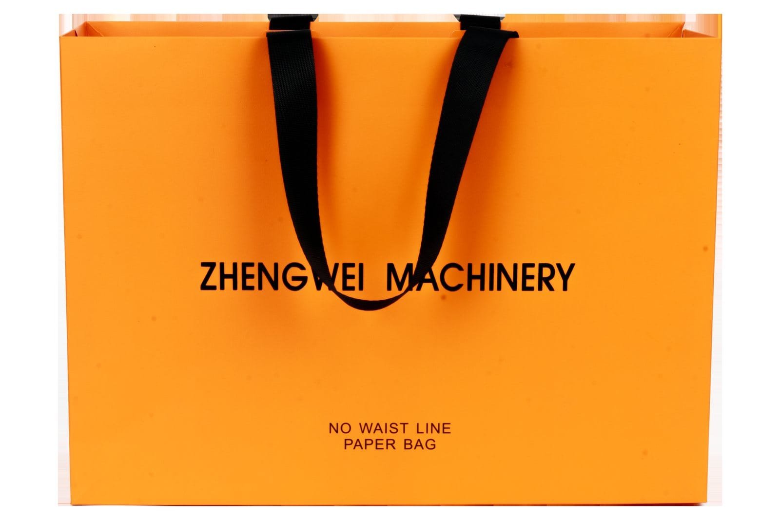 Orange seamless paper bag sample with black flat handles, printed NO WAIST LINE PAPER BAG