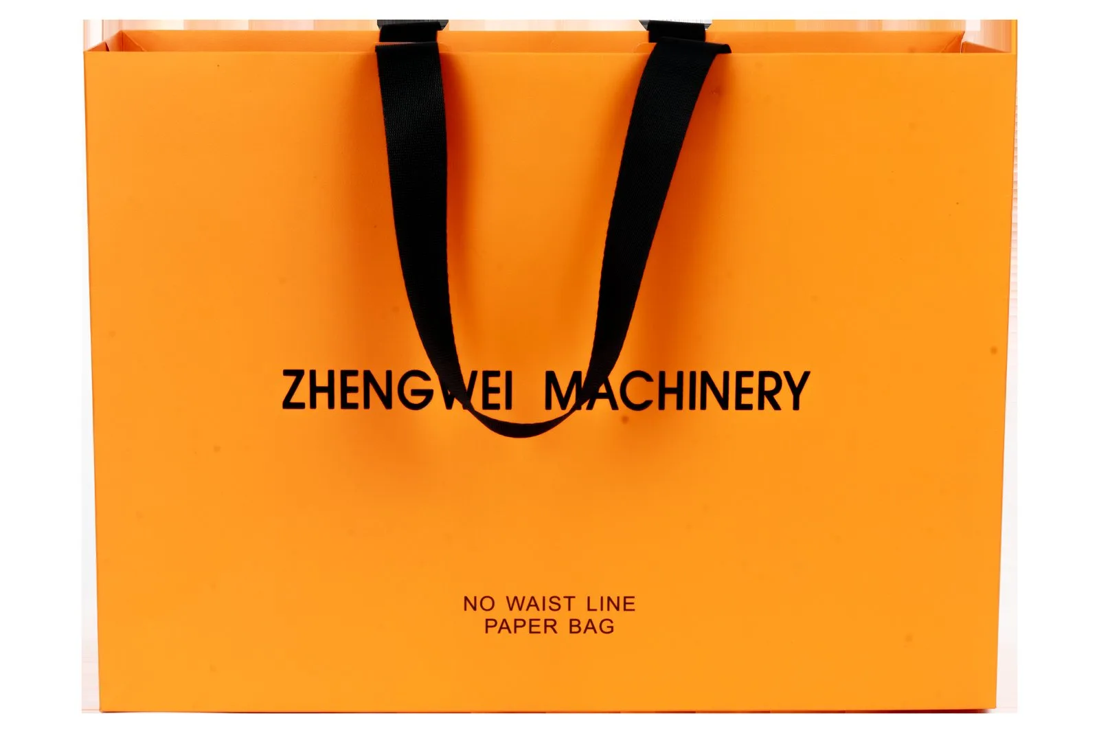 Orange seamless paper bag sample with black flat handles, printed NO WAIST LINE PAPER BAG