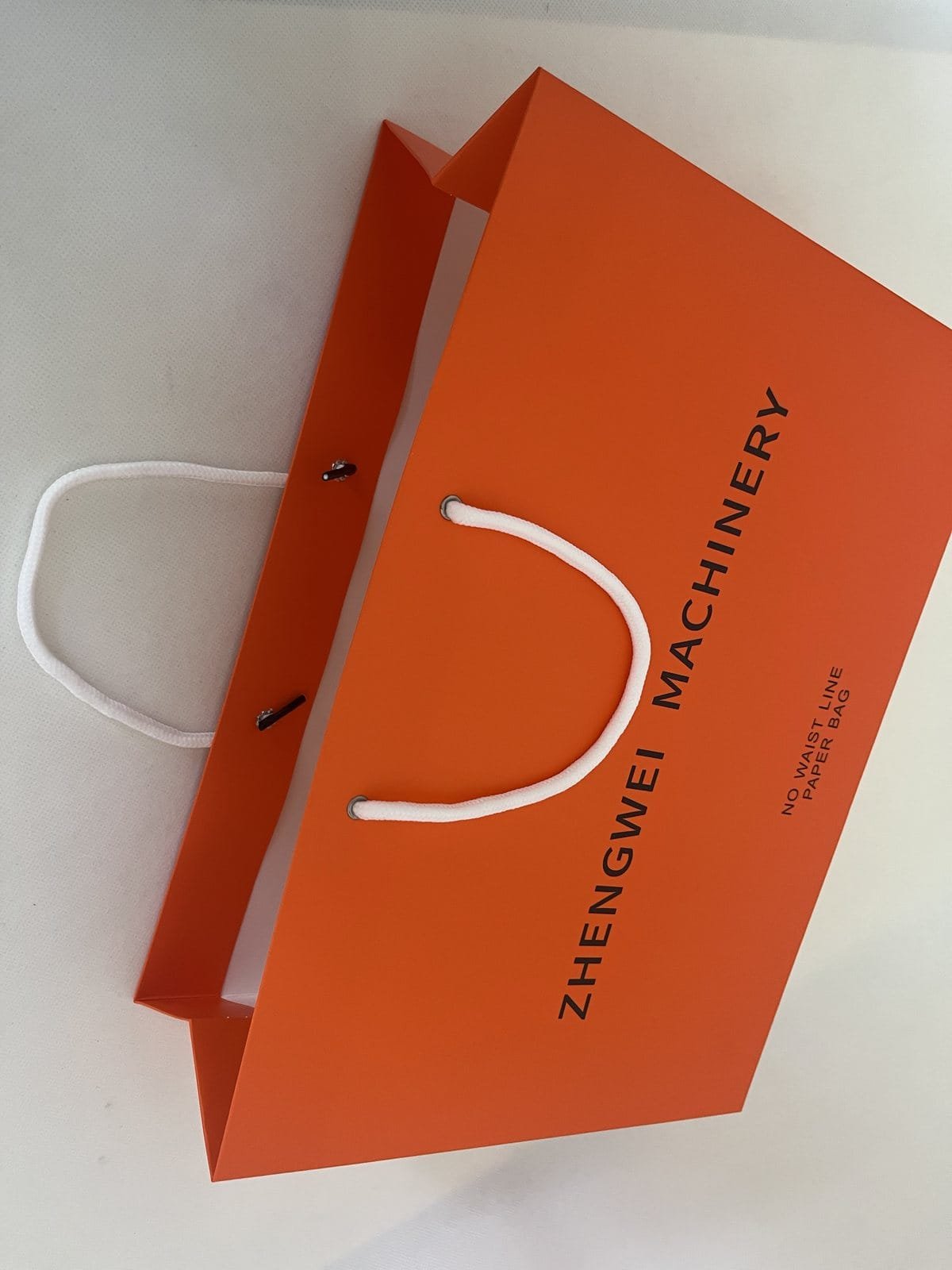 Paper bag sample shown at an angle with round rope handle detail visible