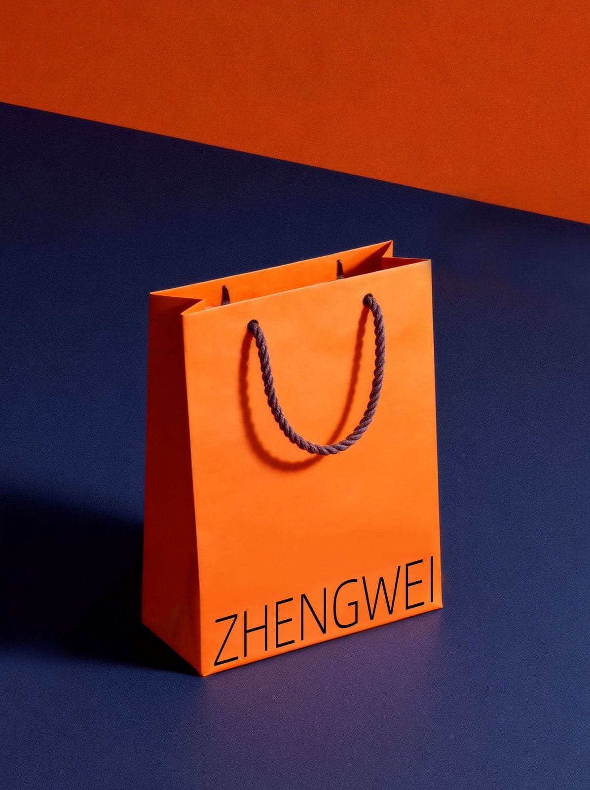 Orange paper bag sample with twisted round rope handles, portrait format