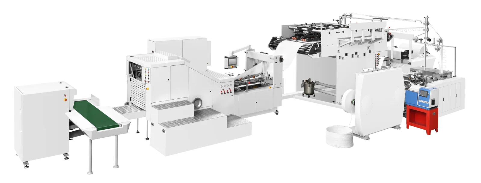 Handle forming and patch attachment station on a roll fed paper bag making machine