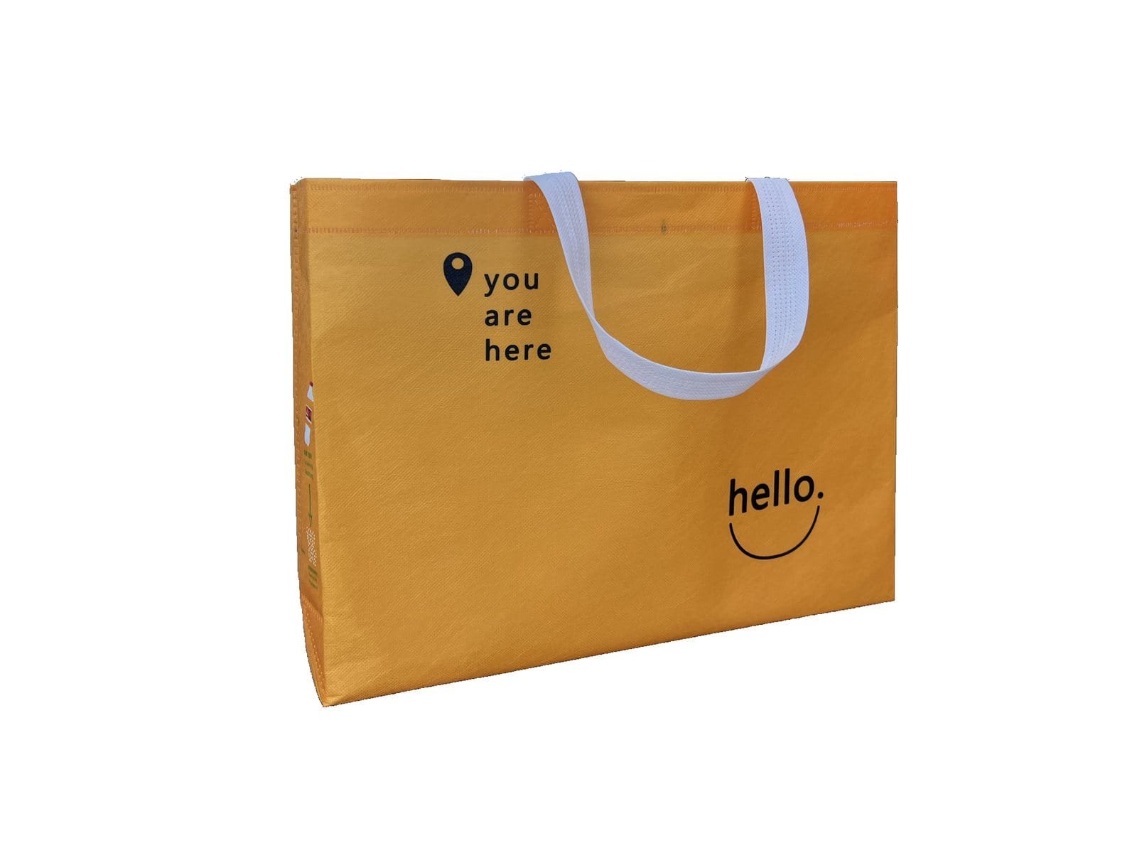 Orange RPET non-woven bag sample with printed graphics, wide format