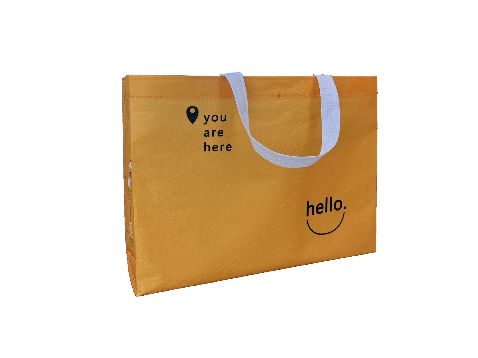 Orange RPET non-woven bag sample with printed graphics, wide format